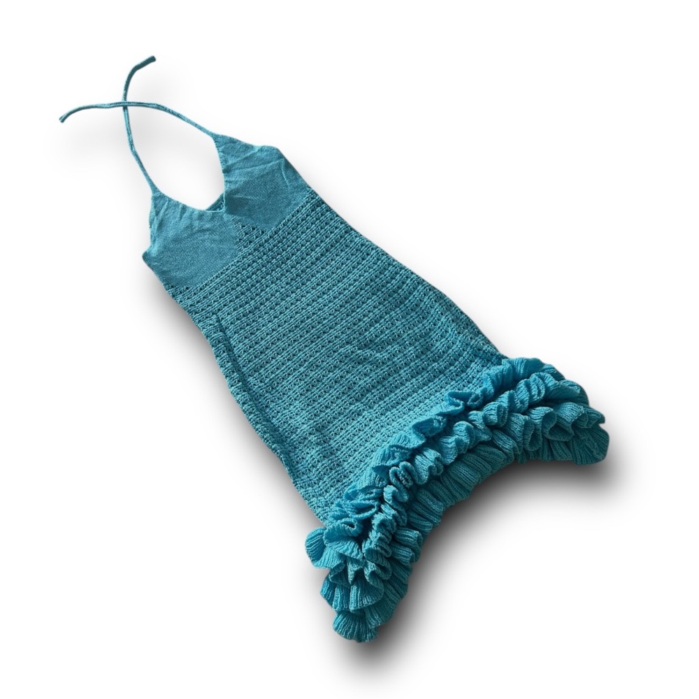 Blue Halter Knit Dress with Ruffle Hem